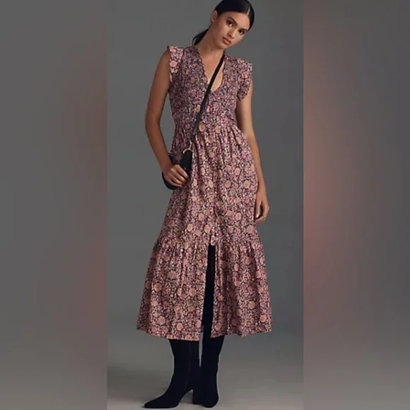 Anthropologie The Peregrine Purple Motif Floral Sleeveless Dress - Picture 1 of 5